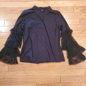 Newport News Black Blouse with Lace Sleeves